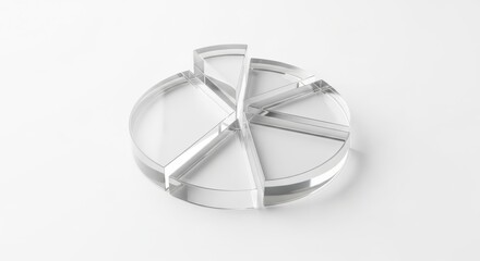 A minimalist three-dimensional pie chart crafted from clear glass, with segmented slices for data visualization on a plain white background