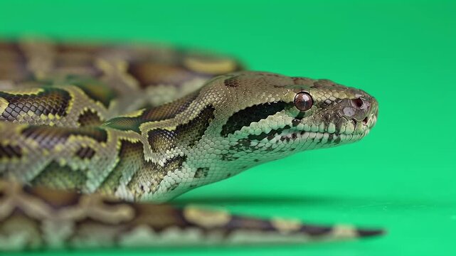 Intricate Patterned Snake Close-Up on Green Screen: Detailed Scales and Camouflage of a Large Reptile Against a Vibrant Chroma Key Background
