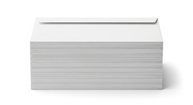 A large, neat stack of blank white letter envelopes with a sealed one on top, isolated on a clean white background for business communication