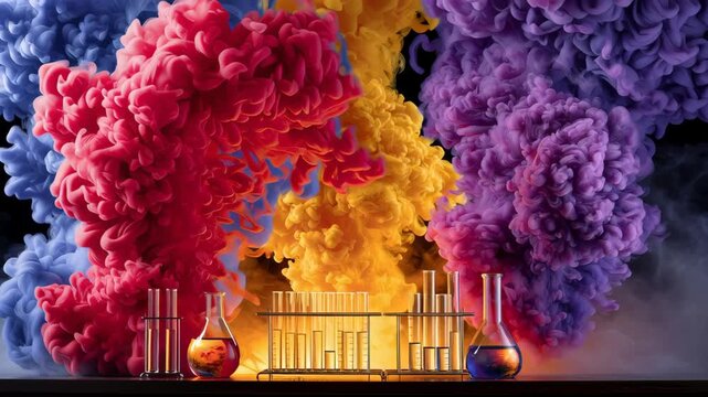 Vibrant Smoke Clouds in Shades of Pink Purple and Yellow Surrounding Laboratory Glassware