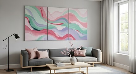 Living room with gray sofa pink pillows abstract art and floor lamp near a window with curtains