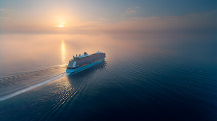 Naklejka premium Majestic Cruise Ship Sailing at Sunset on Calm Waters Reflecting Warm Hues