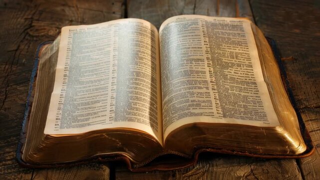 A person sits and reads from the open bible on a wooden table, suitable for use in educational or religious settings