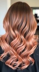 Naklejka premium Back view of long wavy hair with brown roots and rose gold highlights styled elegantly and neatly