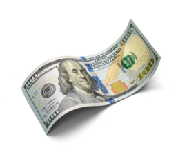 Floating Hundred Dollar Bill on Transparent Background