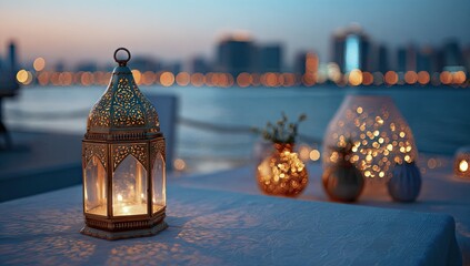 Golden lantern, candlelight, and city views