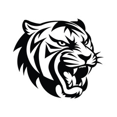 Black and white roaring tiger head illustration. Perfect for logo, tattoo design, mascot, emblem, and sports team identity