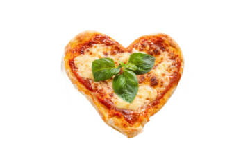 Heart-shaped pizza with basil on white plate, isolated on white transparent background