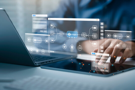 AI workflow automation concept. artificial intelligence software, Businessman uses AI Agent with Coding flow process technology, interface nodes triggers data tools