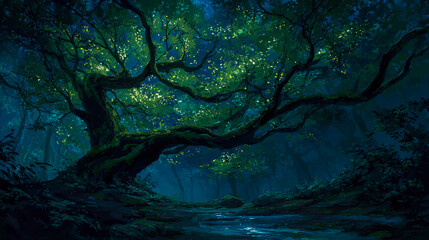 A digital painting of an ancient tree, its branches reaching towards the sky with vibrant green leaves that shimmer in the sunlight filtering through the dense foliage. 