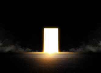 Glowing Doorway Light in Dark Room with Smoke