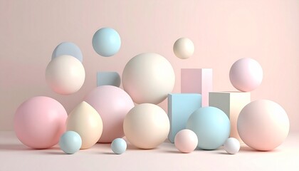 Fototapeta premium Realistic whimsical pastel 3D geometric shapes composition, floating abstract forms with smooth textures, playful yet elegant arrangement, vibrant pastel colors, soft neutral background, high detail, 