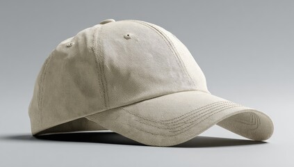 Beige baseball cap angled on a neutral background