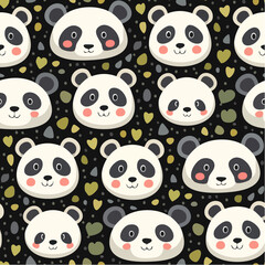Naklejka premium Adorable seamless pattern featuring cute panda faces on a black background, perfect for kids’ textiles, wallpaper, fabric, wrapping paper, and digital design projects.