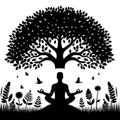 Meditating Person under Tree Silhouette &ndash; Black Wellness Vector