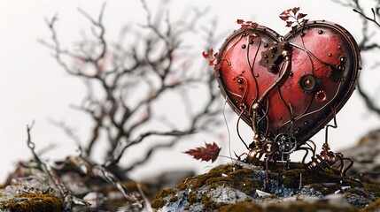 A mechanical heart entwined with vines, set against a stark backdrop, symbolizing the fusion of nature and technology.