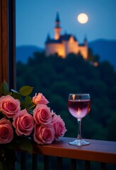 Glass of wine against the backdrop of a knight's castle