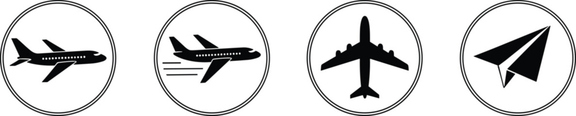 Commercial airplane and paper plane icons set, side and top views, motion line graphics, modern aviation symbols, travel vector illustrations