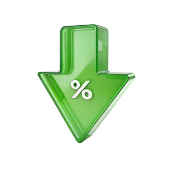 Green downward arrow with percentage symbol isolated on transparent background