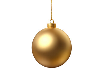 Golden Christmas Ball Ornament hanging on chain, isolated on white transparent background