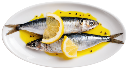 Two sardines, glistening with a yellow sauce, rest on a white oval plate.  Lemon slices flank the fish