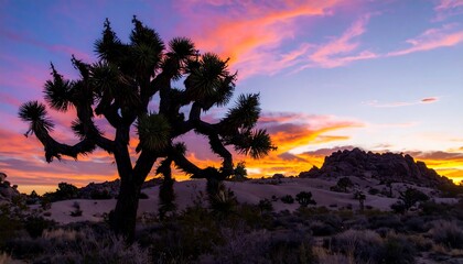 Dramatic desert sunset silhouettes a Joshua tree against a vibrant colorful sky.