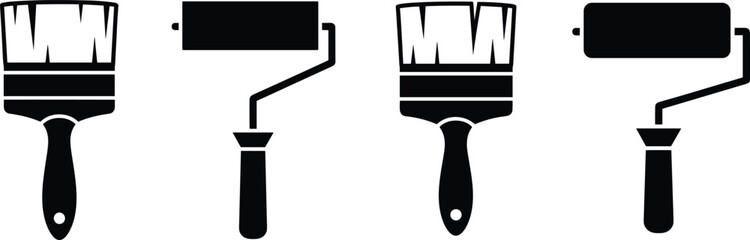 Paintbrush and roller icons, painting tools vector, black and white, home improvement, wall painting, DIY, construction, renovation, art, design