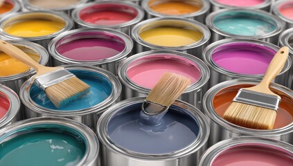 Fototapeta premium Colorful paint cans with paint brushes