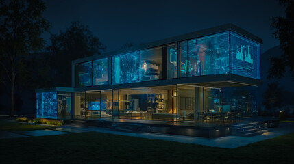 A futuristic smart home, showcasing an exterior with multiple transparent cubes displaying various household appliances and energy data visualizations.