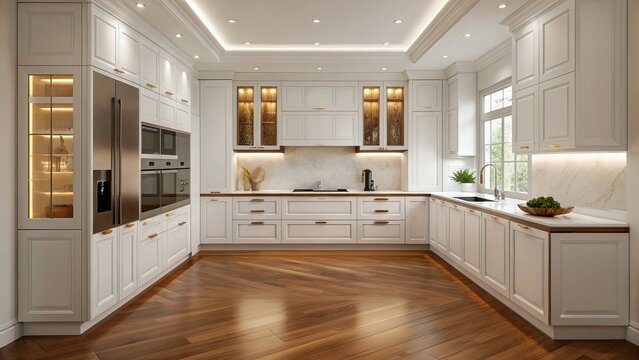 Amazing luxury kitchen interior in elegant white design, wooden flooring, fully equipped with modern electrical and electronic appliances, stylish contemporary layout