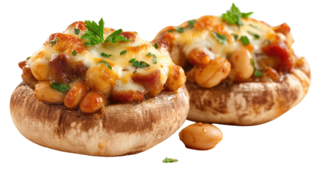 Two stuffed mushrooms, topped with melted cheese and a savory bean filling, garnished with parsley
