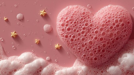 Fototapeta premium Pink Glitter Heart with Bubbles and Stars Background
