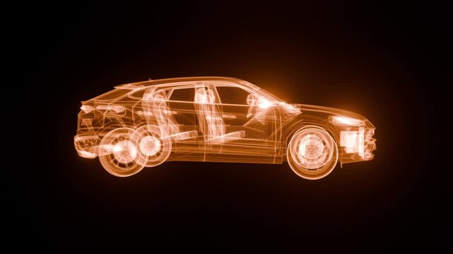 4K animation of rotating holographic car wireframe with glowing neon lines that smoothly change colors, futuristic digital vehicle model perfect for automotive, sci-fi, and technology projects.