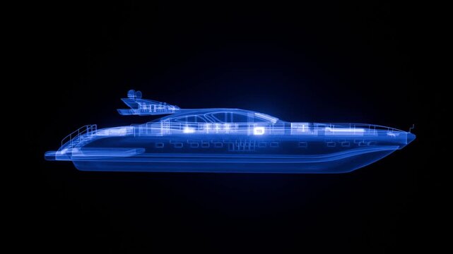 4K animation of rotating holographic yacht wireframe glowing in neon blue light, futuristic 3D digital ship model perfect for marine engineering, technology, sci-fi, and innovation projects.
