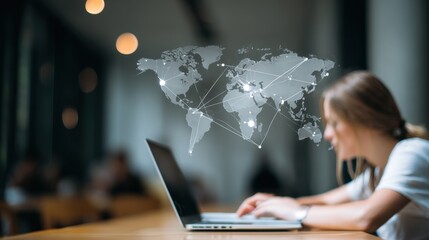 Focused student typing on a laptop researching international visa requirements while the lecturers blurred silhouette points at a compliance checklist on a screen.