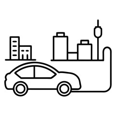 Naklejka premium Electric car on charging station with green city street skyline vector art