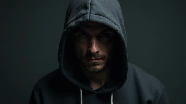 A person wearing a black hoodie looks directly into the camera
