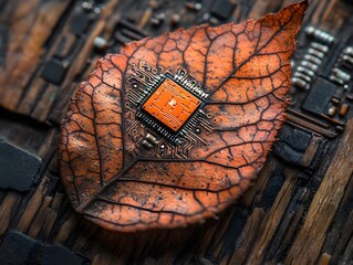 Autumn leaf with integrated circuit chip on a circuit board