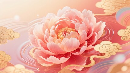 Obraz premium National Trend Pink Peony with Golden Clouds