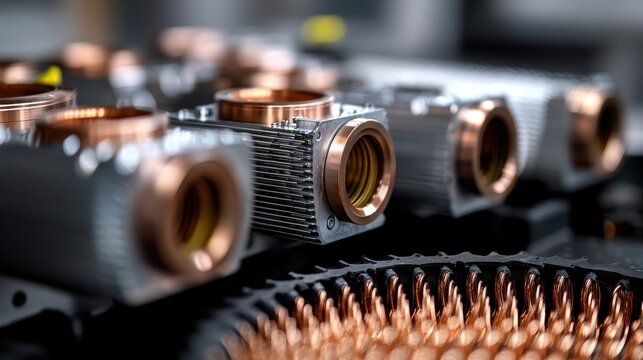 Heat recovery unit with copper threaded ports and precision-machined thermal exchange components featuring ribbed heat sink design for industrial applications