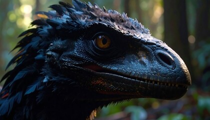 Close-up of a dark, feathered dinosaur head, showcasing intricate details of scales and plumage against a blurred forest backdrop.