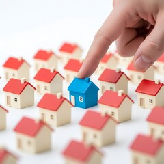 Finger pointing at a unique blue house among many identical beige houses