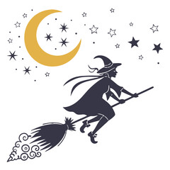 Witch flying on broom silhouette vector illustration design art of woman in motion extreme sport style drawing T-Shirt Print