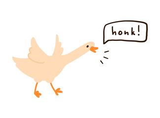 Cute White Goose Running and Honking with Speech Bubble. Simple Flat Style, Opened Orange Beak and Feet, Isolated on White. Great for Kids, Memes, Farm, Animal Design Projects