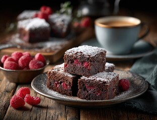 Stacked chocolate brownies with raspberries, powdered sugar, and coffee