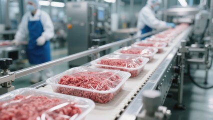 Packaged ground meat on conveyor belt inside modern food processing factory with workers in background.