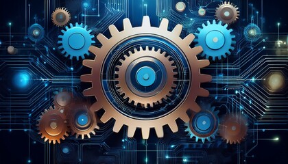 an image depicting gears and cogs transitioning into digital circuits symbolizing the transformative impact of the technological revolution