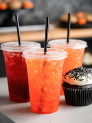 Three colorful drinks in clear cups with black straws, accompanied by a cupcake, create a vibrant and inviting dessert scene.