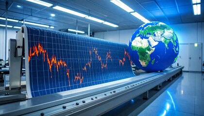 A large globe rests on a conveyor belt above a graphic display of fluctuating market trends.