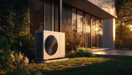 Modern home exterior with heat pump
